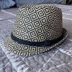 Woven Print Fedora with Black Braided Trim